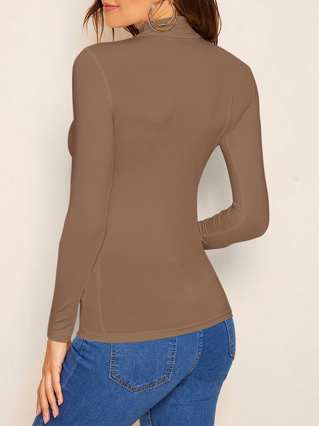 Solid Color Mock Neck T-Shirt, Versatile Long Sleeve T-Shirt For Spring & Fall, Women's Clothing