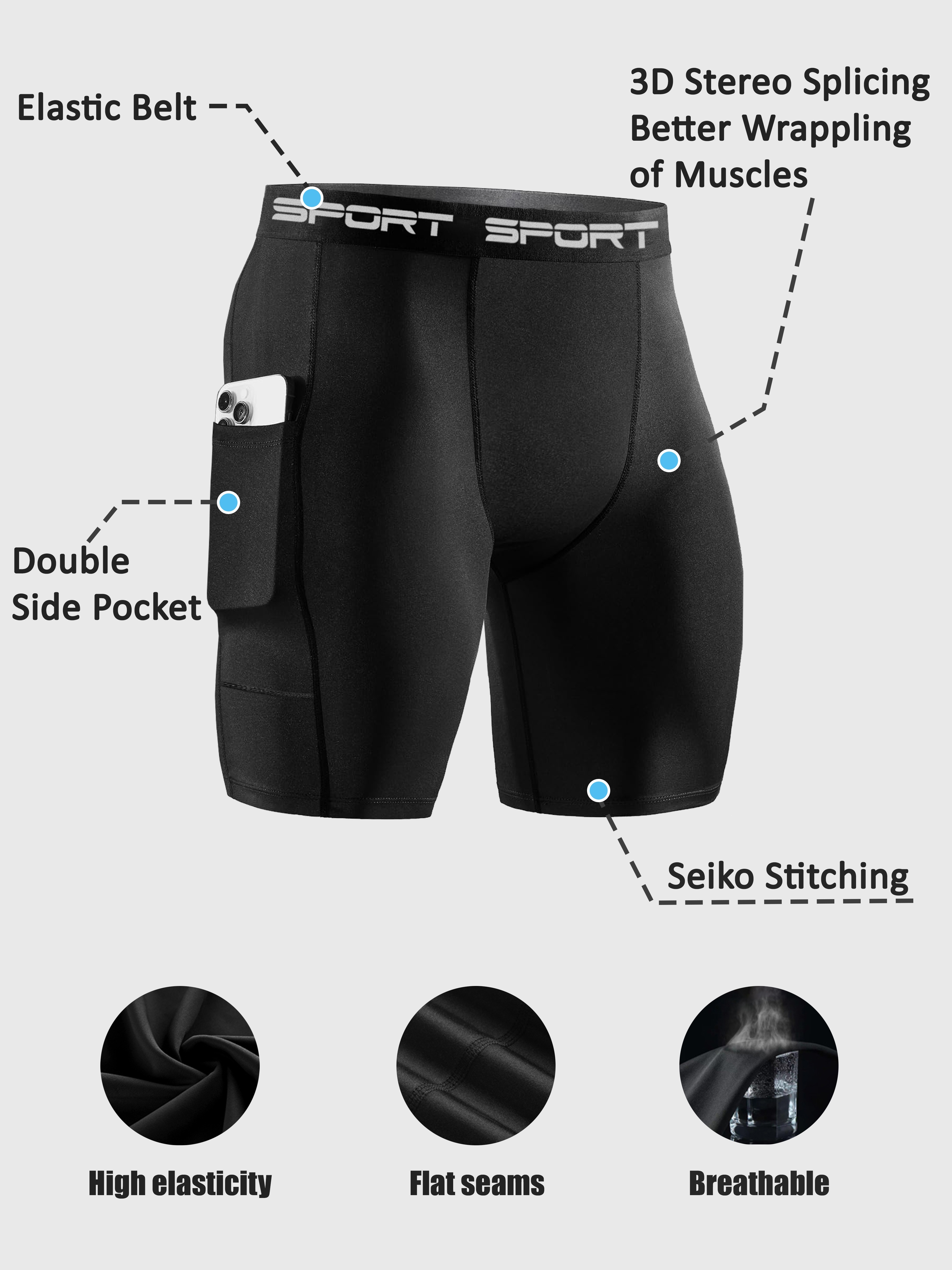 4pcs Men'S Fitness Pocket Shorts, Sports Running Five-Point Pants, Men'S High Elastic Quick-Drying Basketball Training Tight Compression Pants