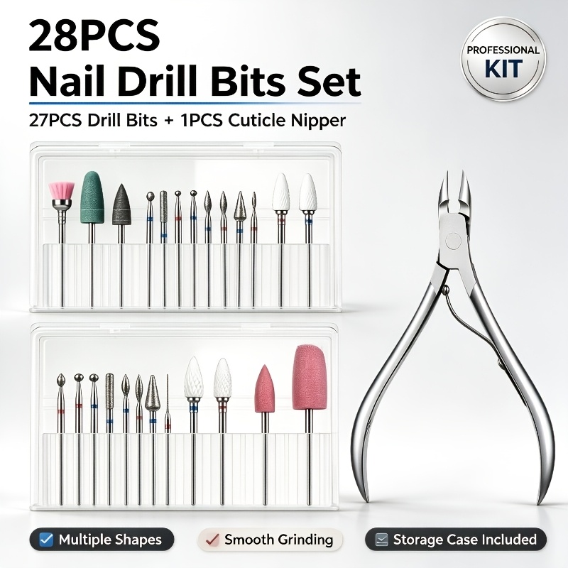 TEMU Jeu de 28 fraises professionnelles pour perceuse à ongles électrique avec ciseaux à cuticules, adaptées aux ongles en gel et acrylique, //