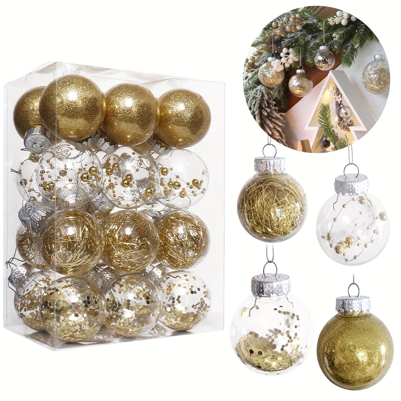 

Christmas Ornaments Set, 24pcs Gold Shatterproof Christmas Tree Decorations Ornaments , 2.36 Hanging Ornaments For Decor