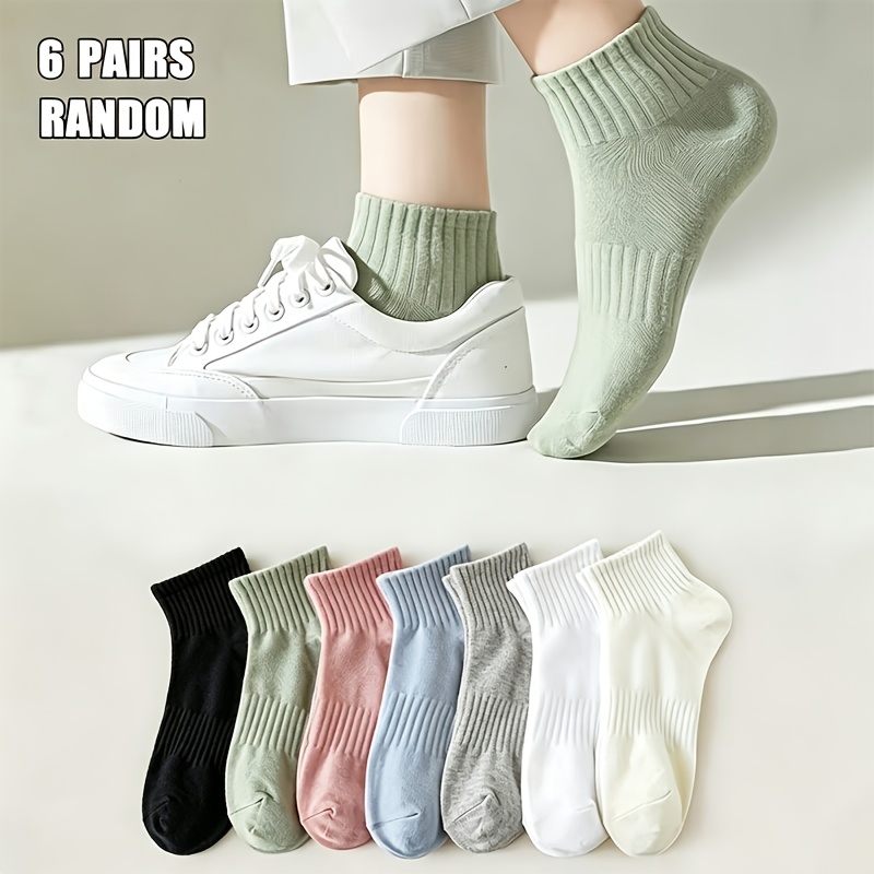 TEMU Random 6-pair Solid Color Vertical Stripe Mid-calf Socks, Breathable And Comfortable Versatile Casual Women's Short Socks, Basic Commuter Style