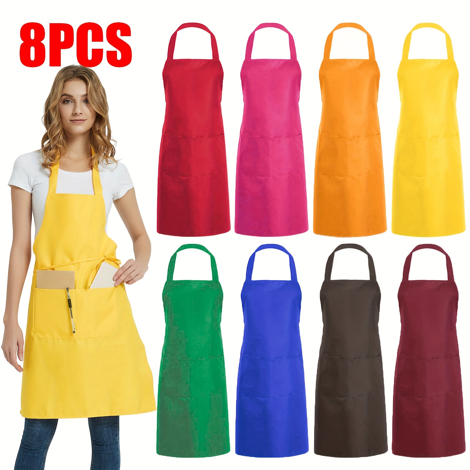 

8pcs, Color Commercial Aprons With 2 Pockets, Solid Color Bib Aprons, Chef Aprons