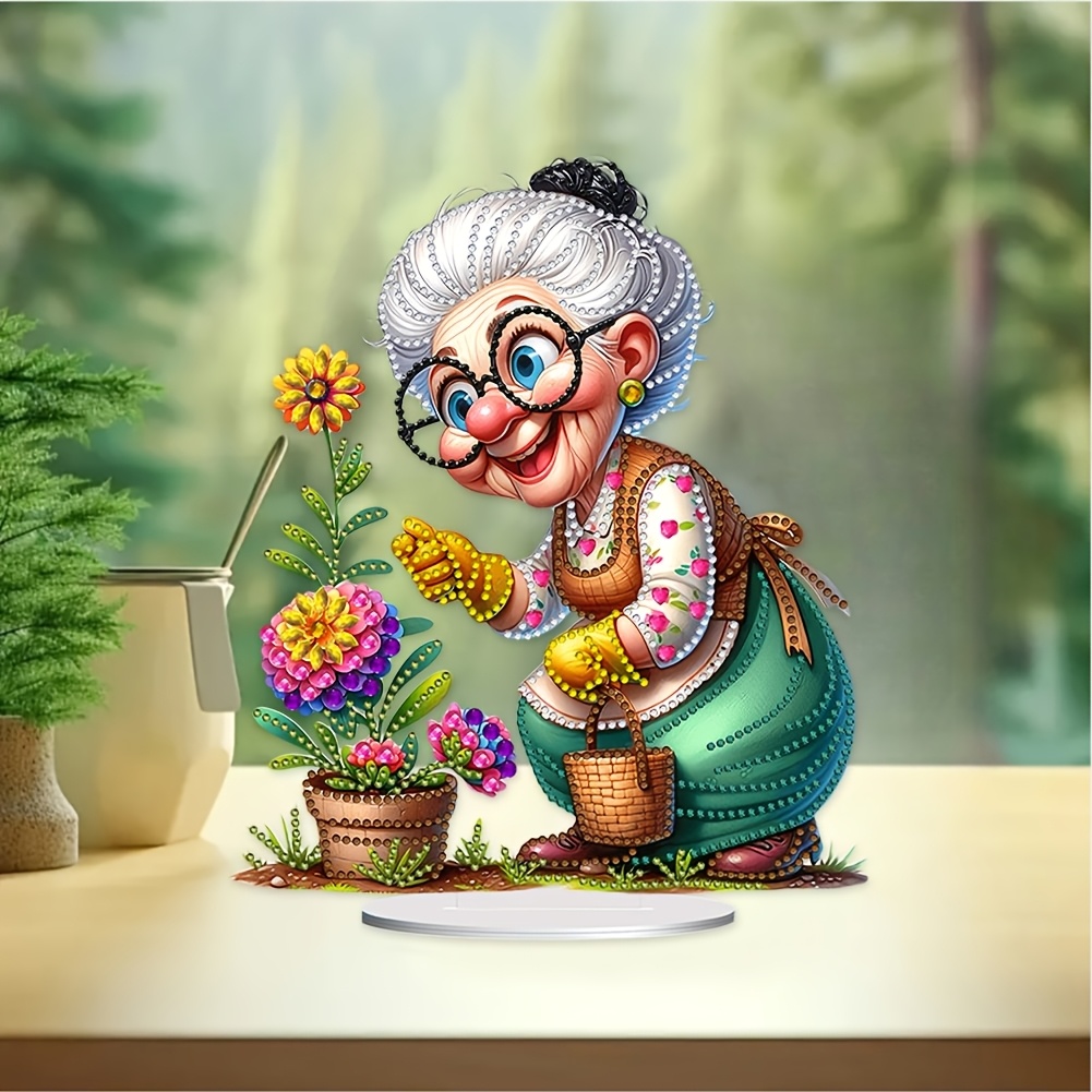 

Diy Diamond Painting Kit - Cartoon Grandma Theme, Acrylic Desk Decor With Unique Shaped Diamonds