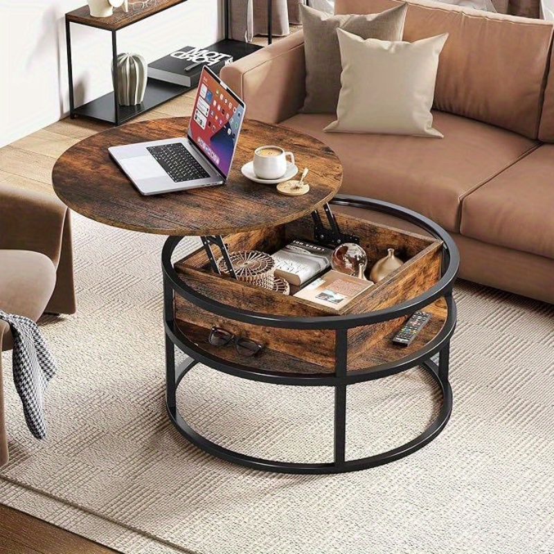 E-shop Runder Couchtisch mit klappbarer Tischplatte verstecktem Stauraum, moderner Wohnzimmer-Couchtisch mit Ablagefach fürs Home-Office