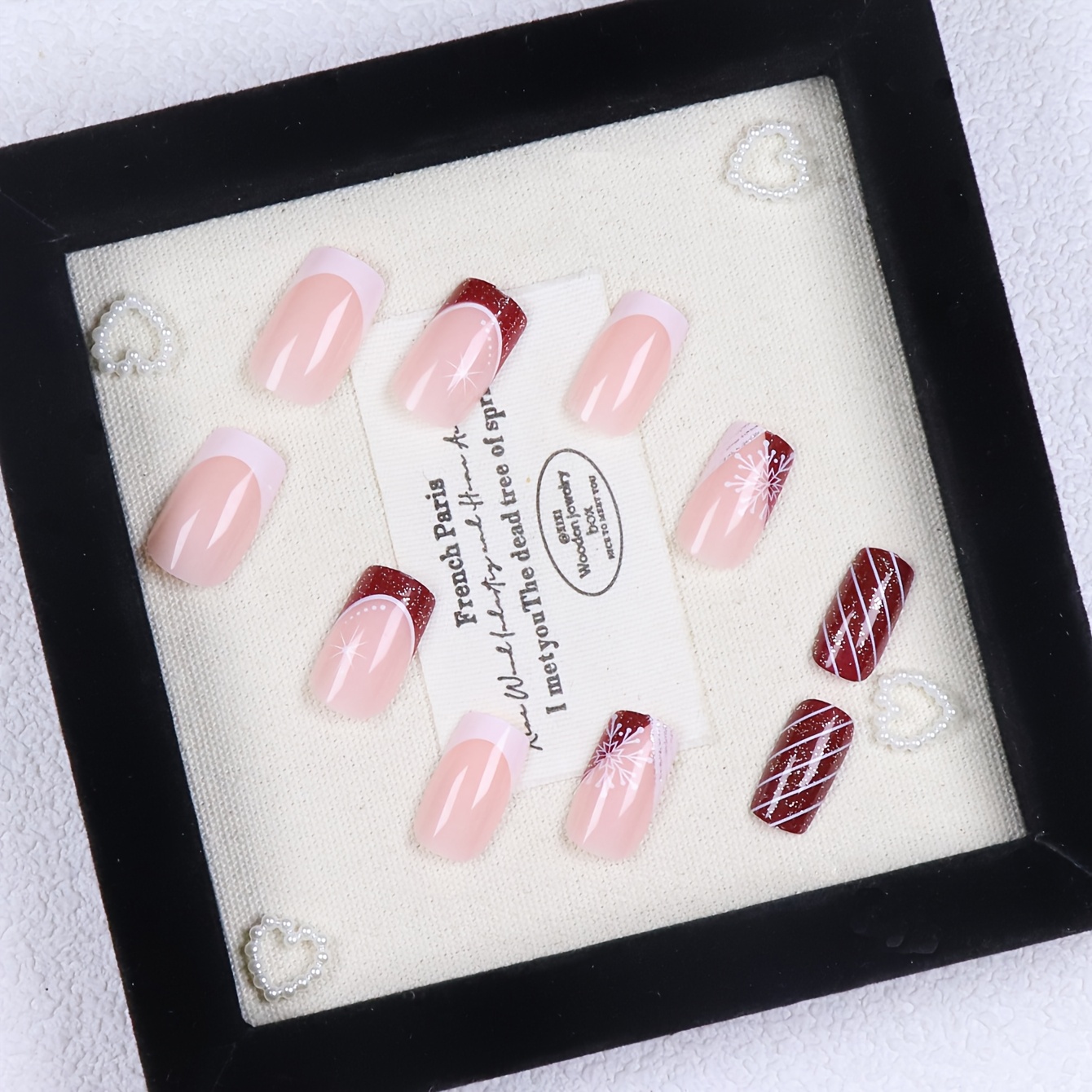 TELAIN 24er Set Weihnachts-Press-on-Nägel – Kurze Quadratische Kunstnägel Mit Schneeflocken-Design, Rosa Glitzer