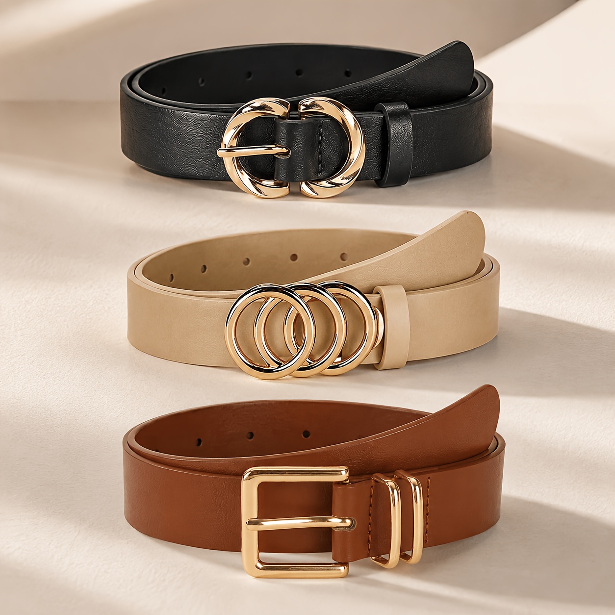 TEMU 3pcs Women's Adjustable Belt Set, Geometric Golden , Black/z Brown/khaki, Suitable For Jeans, Trousers, Dresses, Women's Belts, Solid Color