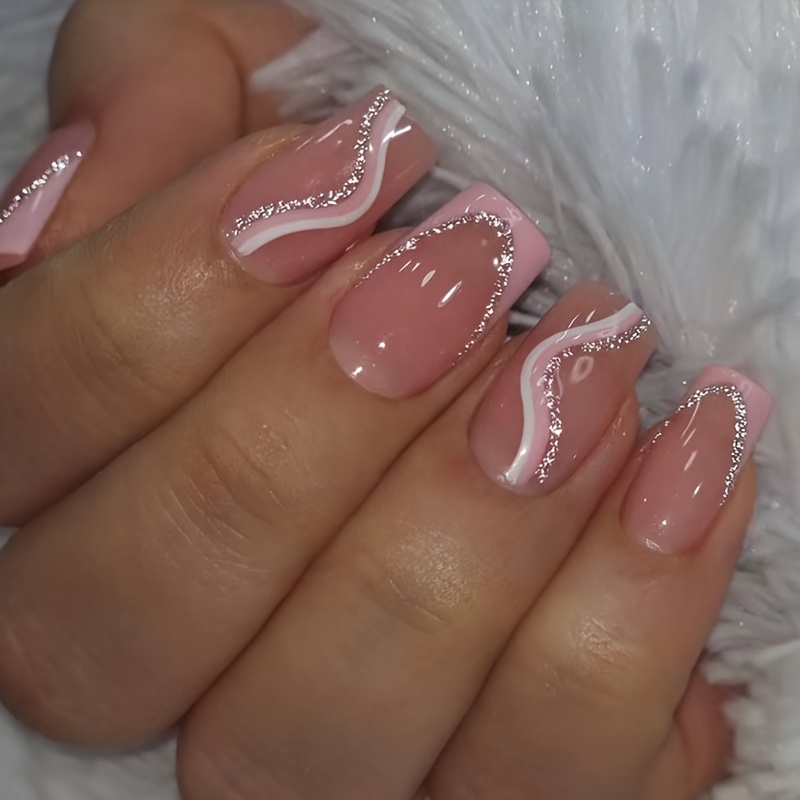 

24pcs Medium-length Square Pink & White Striped Artificial Nails, Elegant French Style Press-on Manicure Set, With Adhesive Tabs, Easy Application