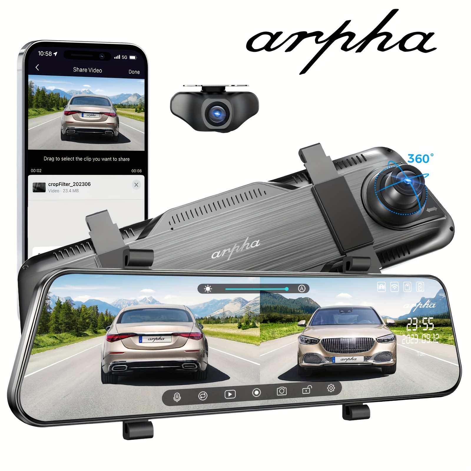 

E21 Arpha Dash Cam With - Wifi, Front 1080p And Rear 720p, 10 Inch For Car, Loop Recording, , Wdr, Parking Monitor, Support Gps, , Simple Installation