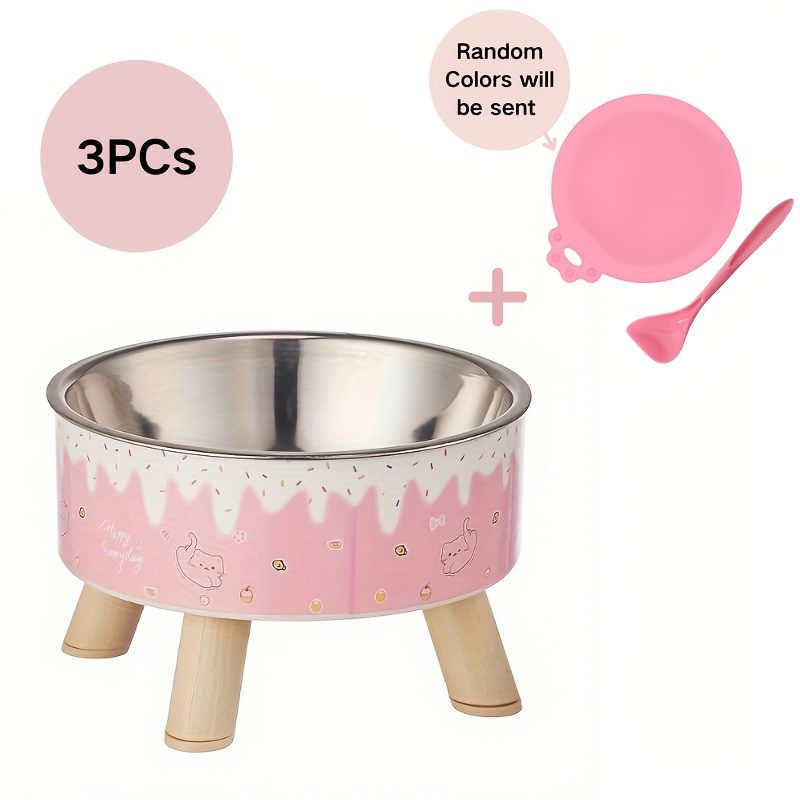 TEMU Set Of 3pcs, Fashionable Cartoon Design Raised Cat Bowl With Random Food Spoon & Can Cover, Bowl Stand And Dish, Stainless Steel And Plastic