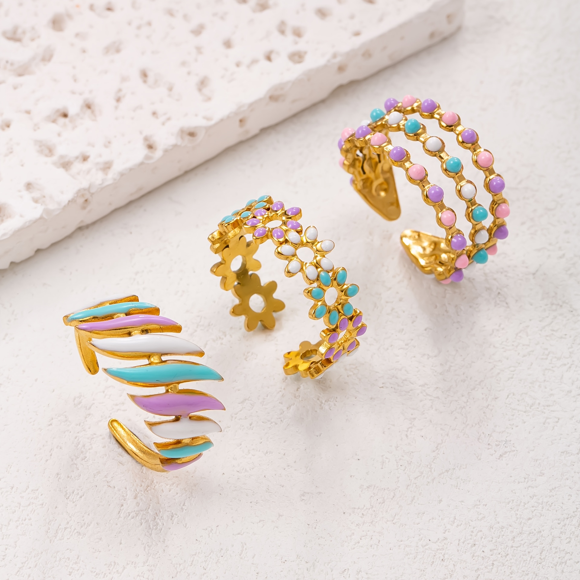 TEMU 3pcs 304 Stainless Steel Open-end Rings, Featuring A Colorful Drip Enamel Theme With Floral And Wave-shaped Designs