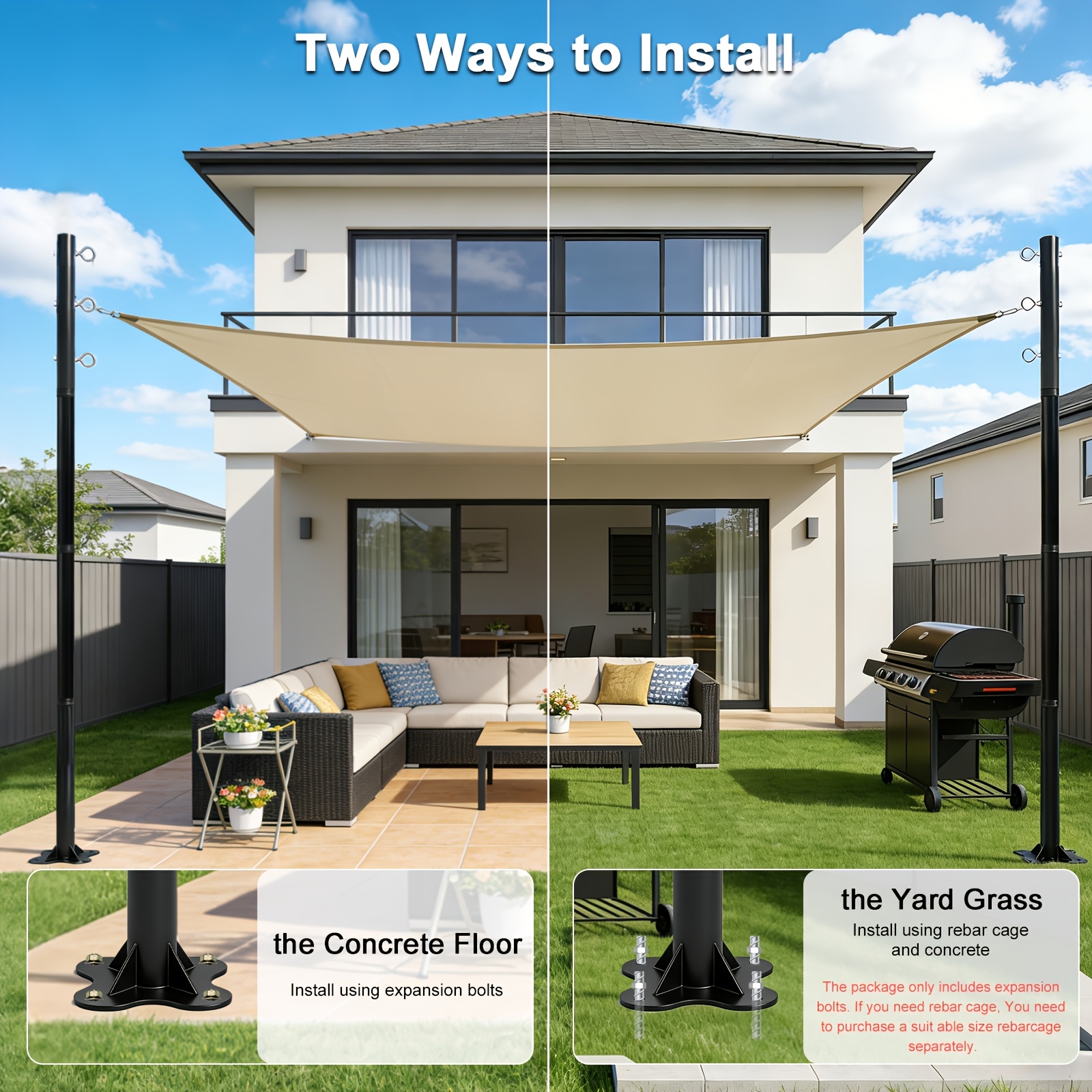 2-Pack 12-Foot Shade Sail Poles, Sturdy And Durable Heavy-duty Umbrella Poles Designed for Outdoor Use On The Ground, In Gardens, And On Patios. Easy to Install, Water-resistant, with Reinforced Bases And Expansion Bolts Included.