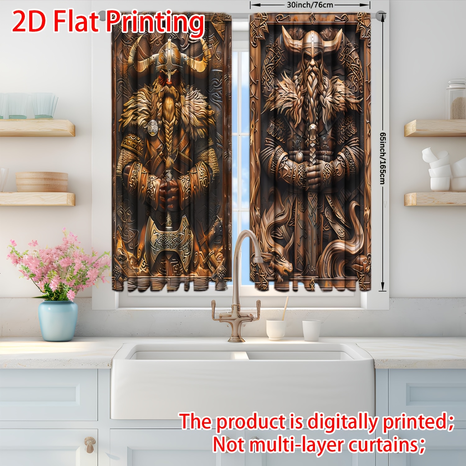 TEMU Kaitong 2pcs 2d Flat Printing Woodcarving Printed Curtain For Home Decor - Rod Pocket Window For Bedroom, Office, Kitchen, Living Room, And