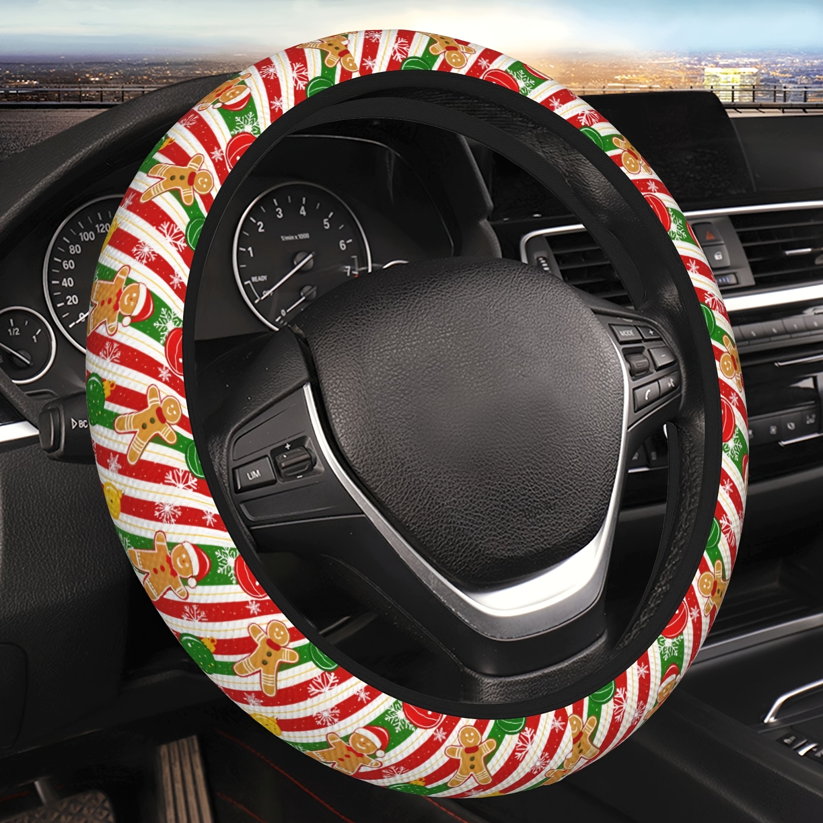 TEMU 1pc Christmas Gingerbread Pattern Steering Wheel Cover For 15-inch Wheels - No , Durable And Interior Accessory