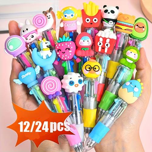 12 24pcs random styles of cute and fun ballpoint pens 4 color ink ballpoint pen set suitable for party favors classroom rewards birthday gifts colorful stationery adorable design ideal for school and office supplies