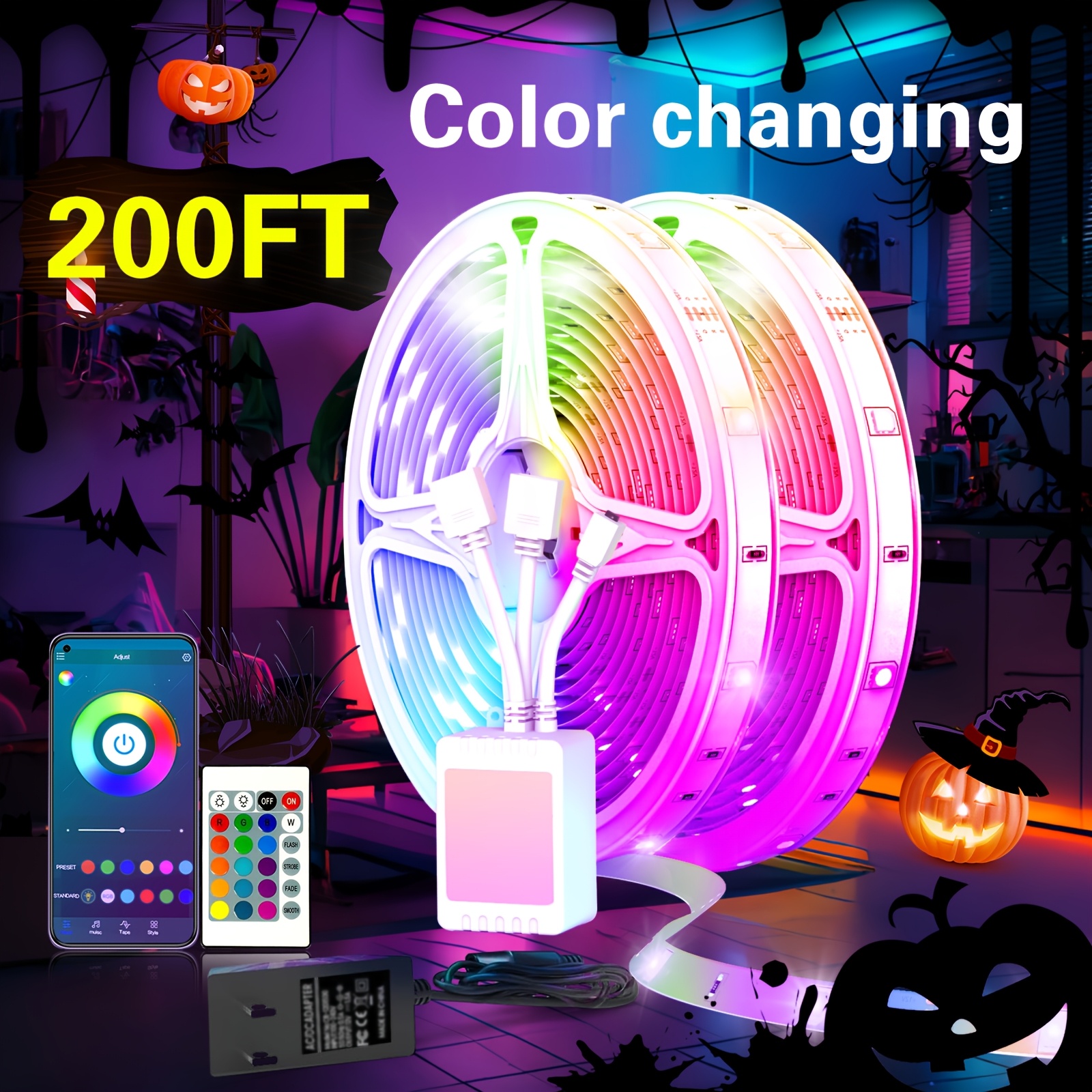 TEMU 200ft Smart Led Light Strip, App And Remote Control, 2835 Rgb Led Light, Music Synchronized Color Change, For Hotel Restaurants, Street Venues,