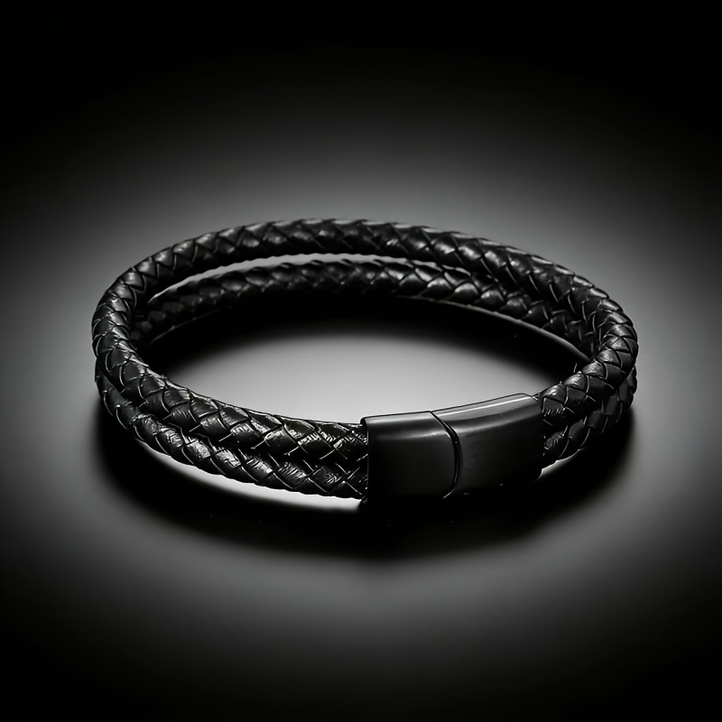 TEMU 1 Brazalete Clásico Negro de Cuero Sintético, Joyería de Moda con Hebilla Magnética de Metal, Regalo para Hombre