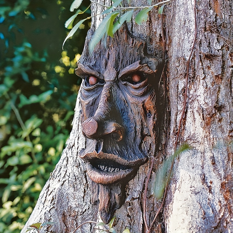 

Art Deco Resin Tree Sculpture - Wall-mounted Tree Spirit Face - Halloween Themed Garden Decoration, Outdoor Statue With No Battery Or Electricity Needed