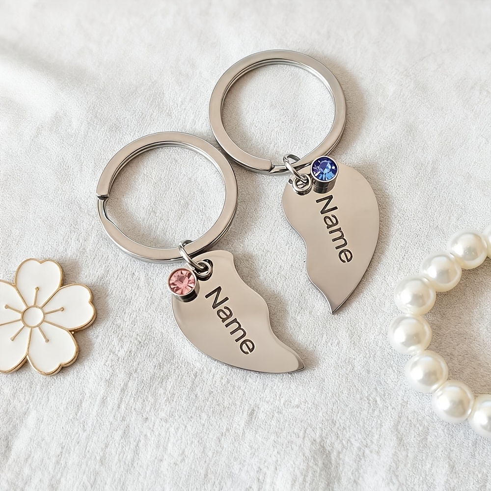 TEMU Custom-made Pair, Durable Metal Stainless Steel Laser-engraved Name, Embellished With Birthstone Pendant Keychain | Interlocking Heart Couple