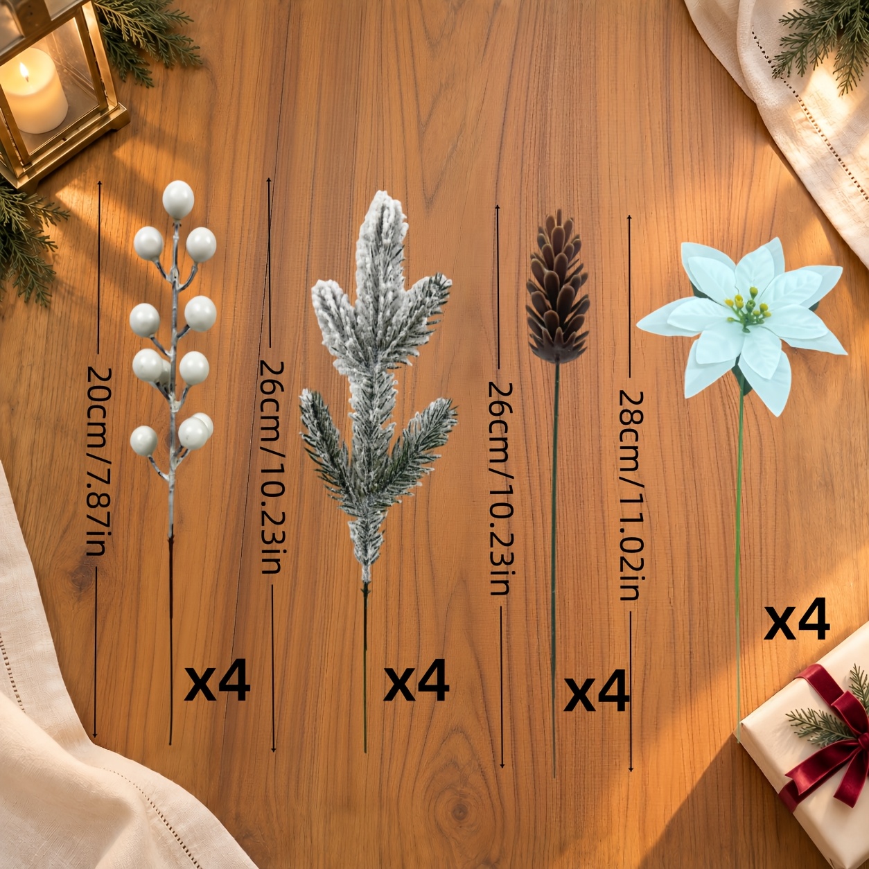 TEMU A 16pcs Artificial Flower Arrangement Cedar Branches, Pine Cones, White Berries, And White Poinsettias. The Delicate Snow-effect Finish A