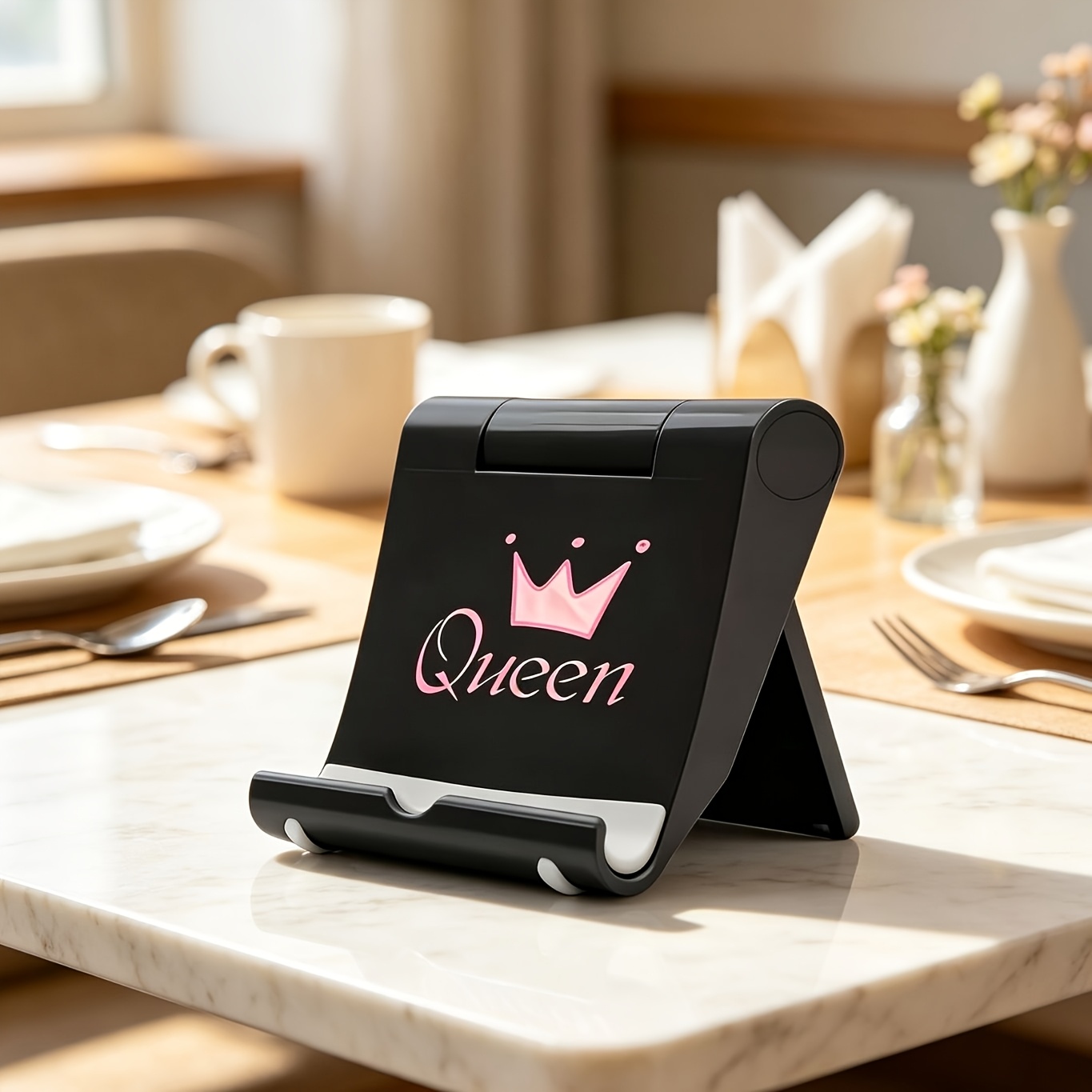 TEMU 1pc Adjustable Foldable Desktop Phone And Tablet Stand, Pink Crown And Queen Cursive Letter Print Portable Universal Device Holder, Anti-slip