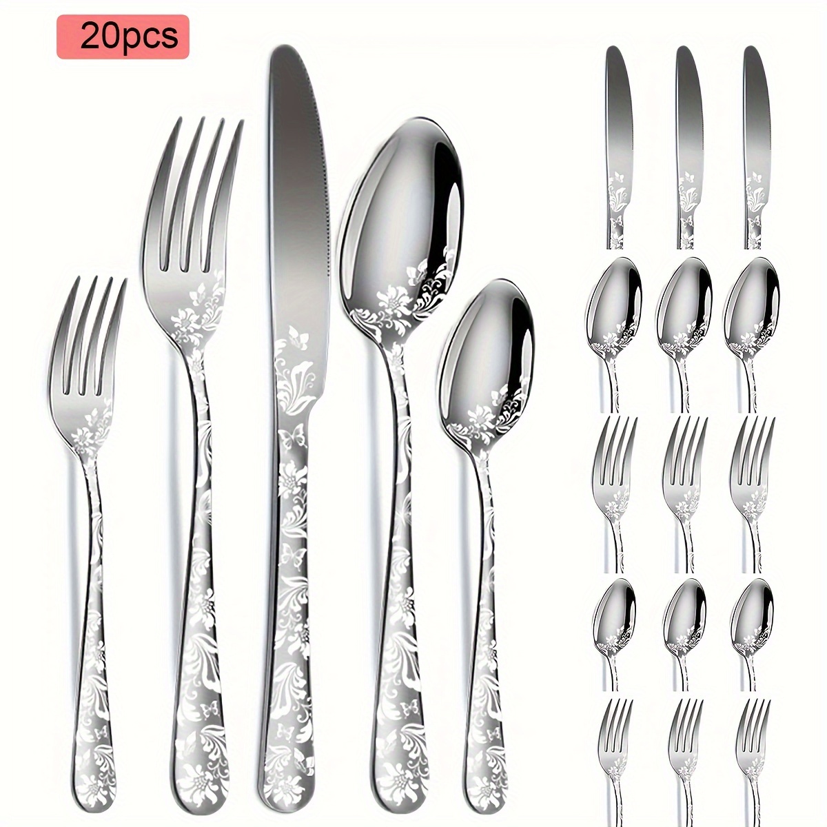 

5/20pcs Stainless Steel Flatware Set With Floral Pattern, Elegant Cutlery, Includes Steak Knife, Dinner Fork, Soup Spoon, And Dessert Spoon, Dishwasher Safe, Perfect For Family Gatherings