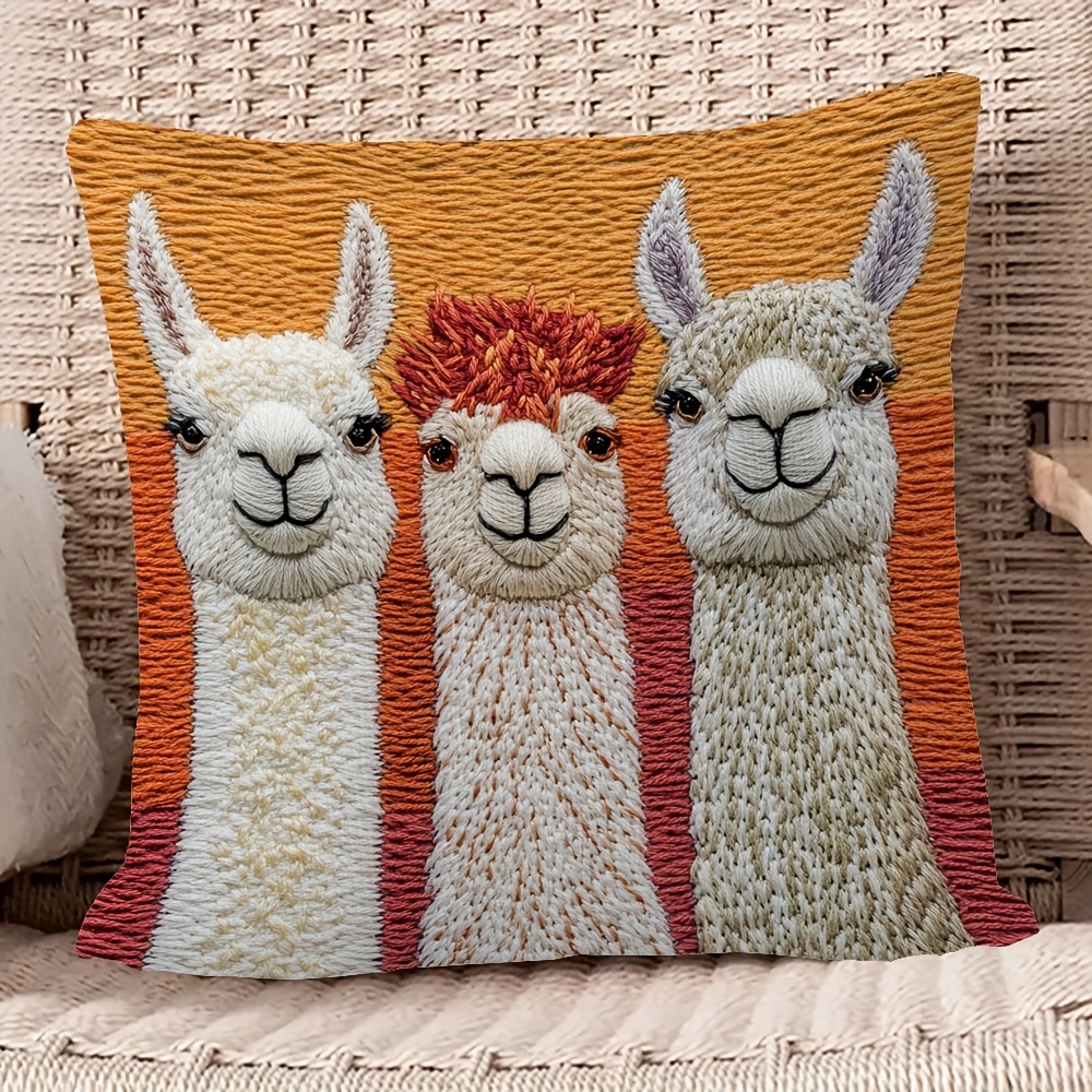 

1pc Vintage Llama Short Plush Throw Pillow Cover, 18x18 Inch, Polyester, Woven, Reversible Design, With Hand Wash Only, For Bedroom, Sofa, Living Room - Embroidery Not Included