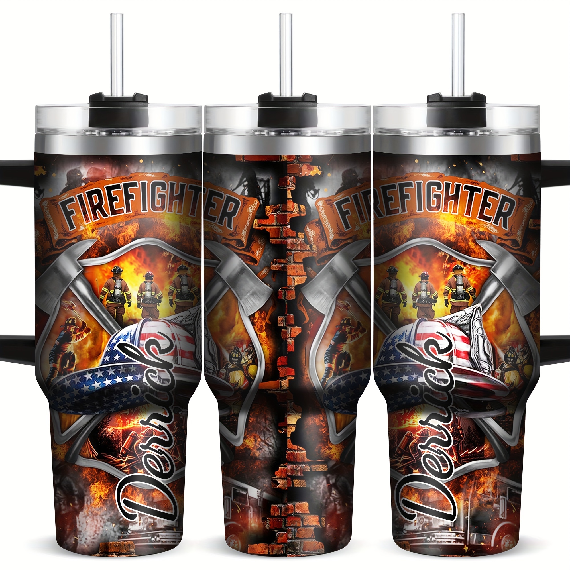 

Customizable Firefighter-themed Stainless Steel Tumbler With Straw - Bpa-free, Reusable Sports Water Cup For & Holidays