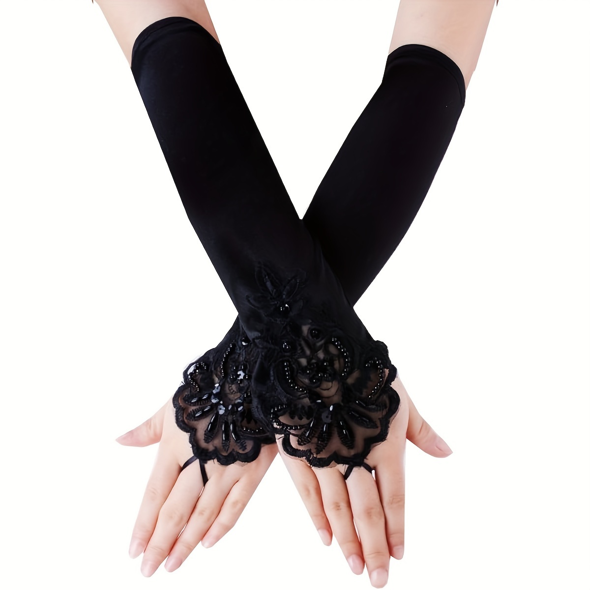 TEMU Elegant 2pcs Vintage Satin Fingerless Gloves For Women - Stretchy, Elbow Length | Opera, Weddings & Day Gifts