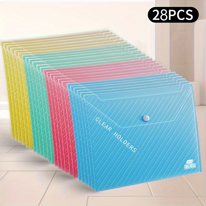 

28 Pack A4 Clear Plastic Envelope Folders With Snap Closure, Polypropylene (pp) File Jackets, Textured Design, Assorted Colors, Document Holder For Office School Storage