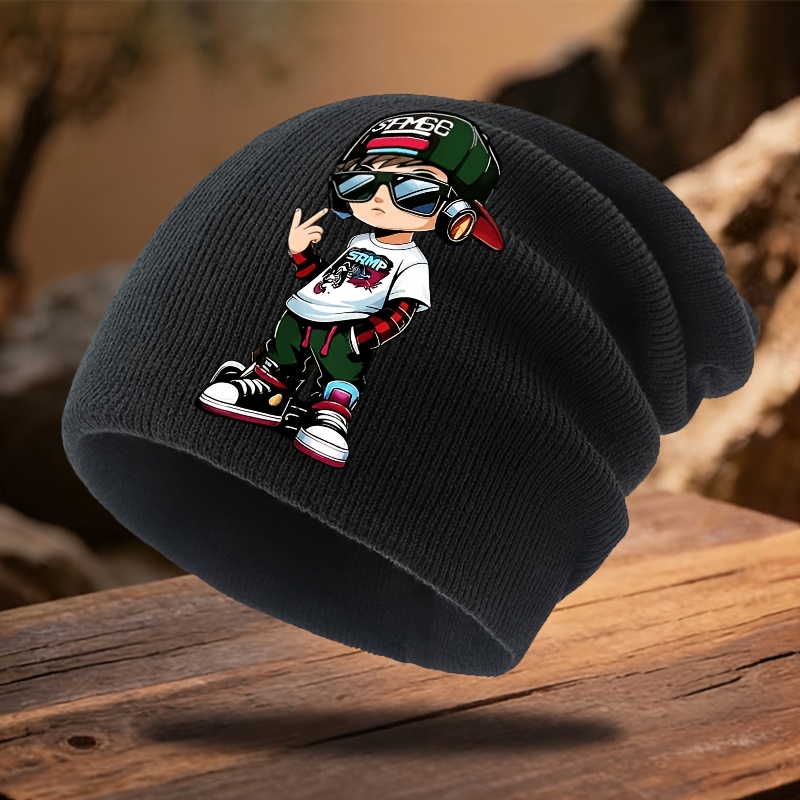 TEMU Hip-hop Style Glasses Boy Print Knitted Beanie. Soft And -friendly Fabric, Suitable For Autumn And Winter. Windproof, Retains , And You Cozy.