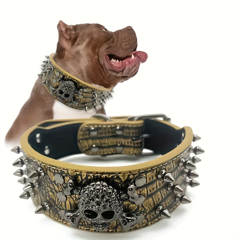 

Pet Spiked Leather Dog Collar - 3 Rows Bullet Rivets Studded Pu Leather - Cool Pet Accessories Best Choice For Medium And Large Dogs