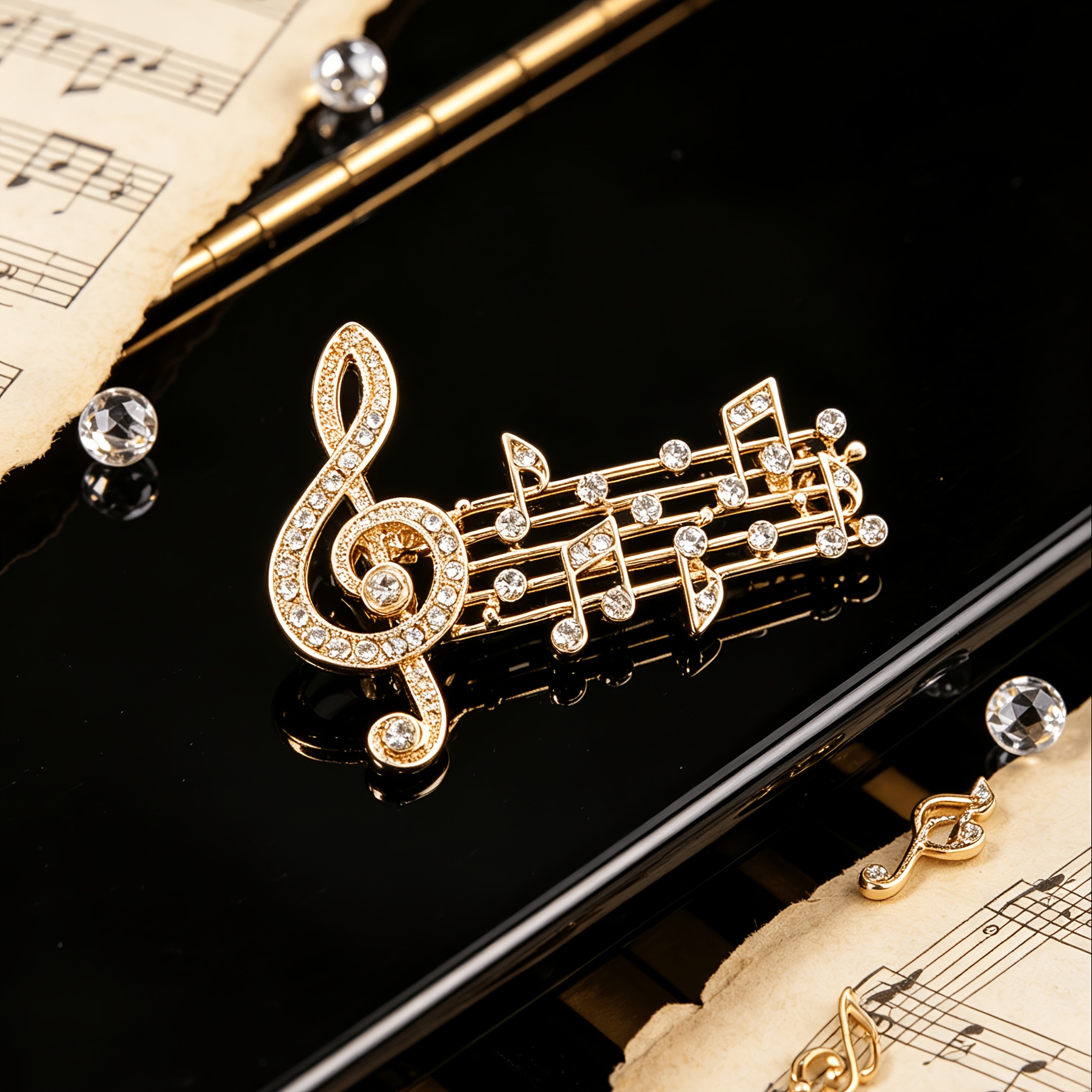 TEMU 1 stuks - Gouden en zilveren duotone full-diamond muzieknoten staf broche, een unieke muziek-thema pin geschikt voor pakken en jeans, en een