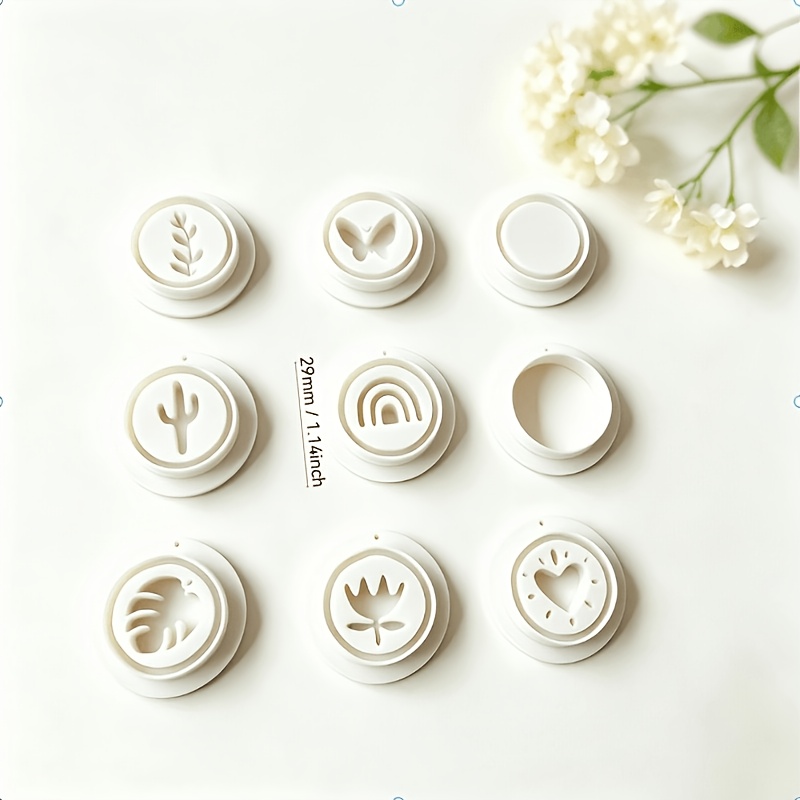 TEMU 9pcs Round Badge Soft Clay Stamp Set, Plant Heart Printing Molds, Diy Polymer Clay Earring Jewelry Tools