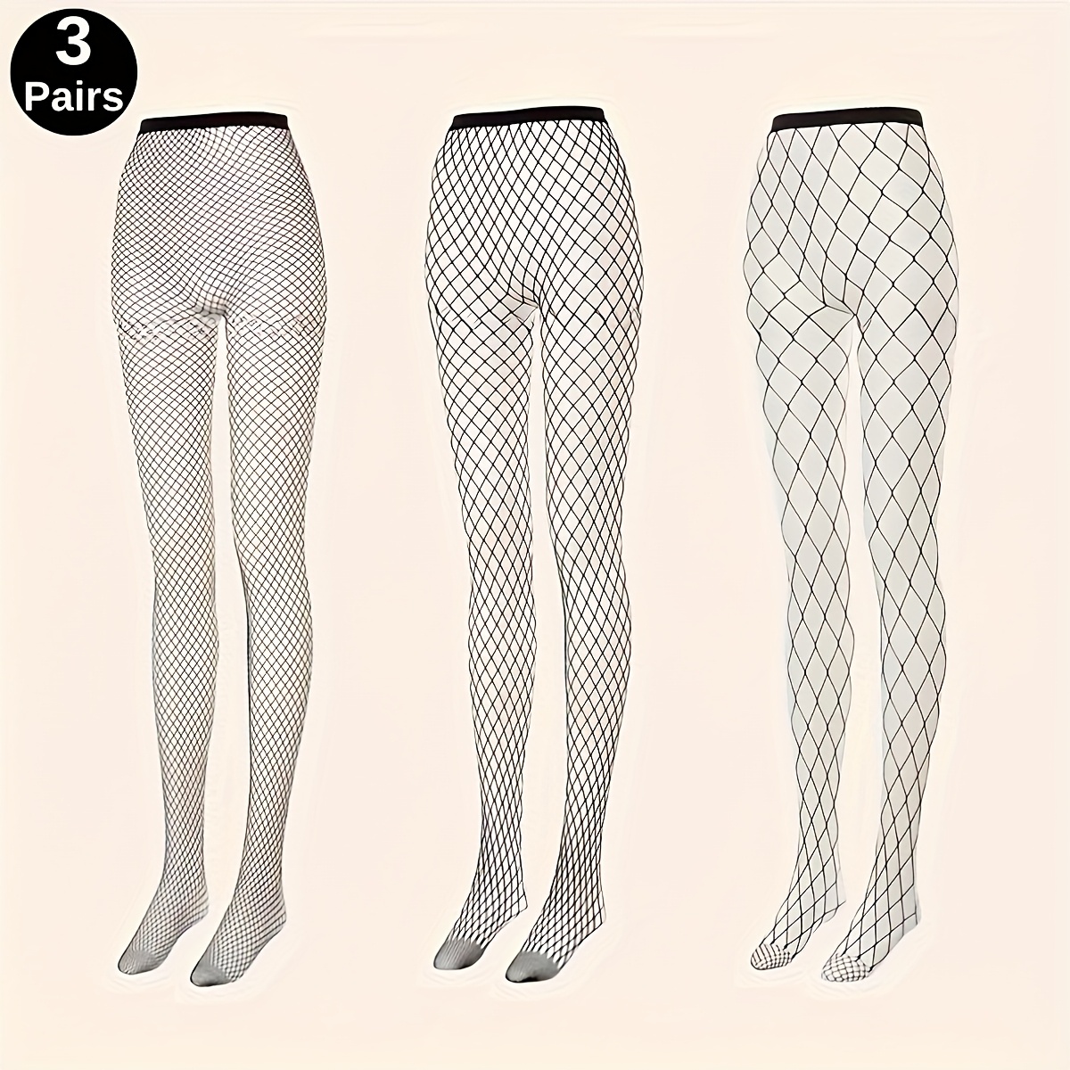 Image of 3 Pairs Sheer Fishnet Leggings Black Hollow High-waist Mesh Tights Plus Size Women's Stockings Fake Crotch Elastic Fishnet Tights Suitable For Occasions Women's Novelty Tights