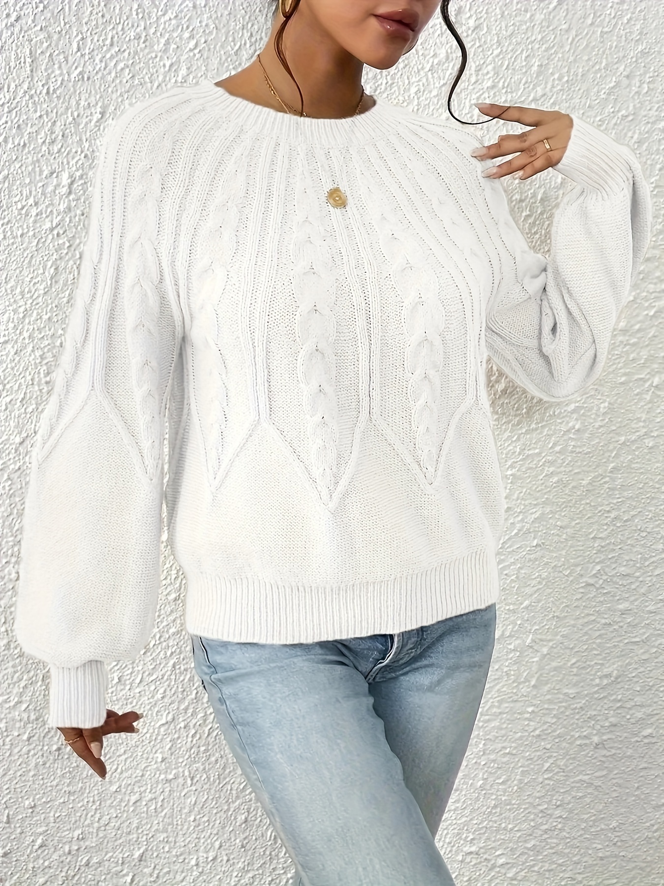 cable knit crew neck sweater elegant lantern sleeve knitted top for   womens clothing details 29