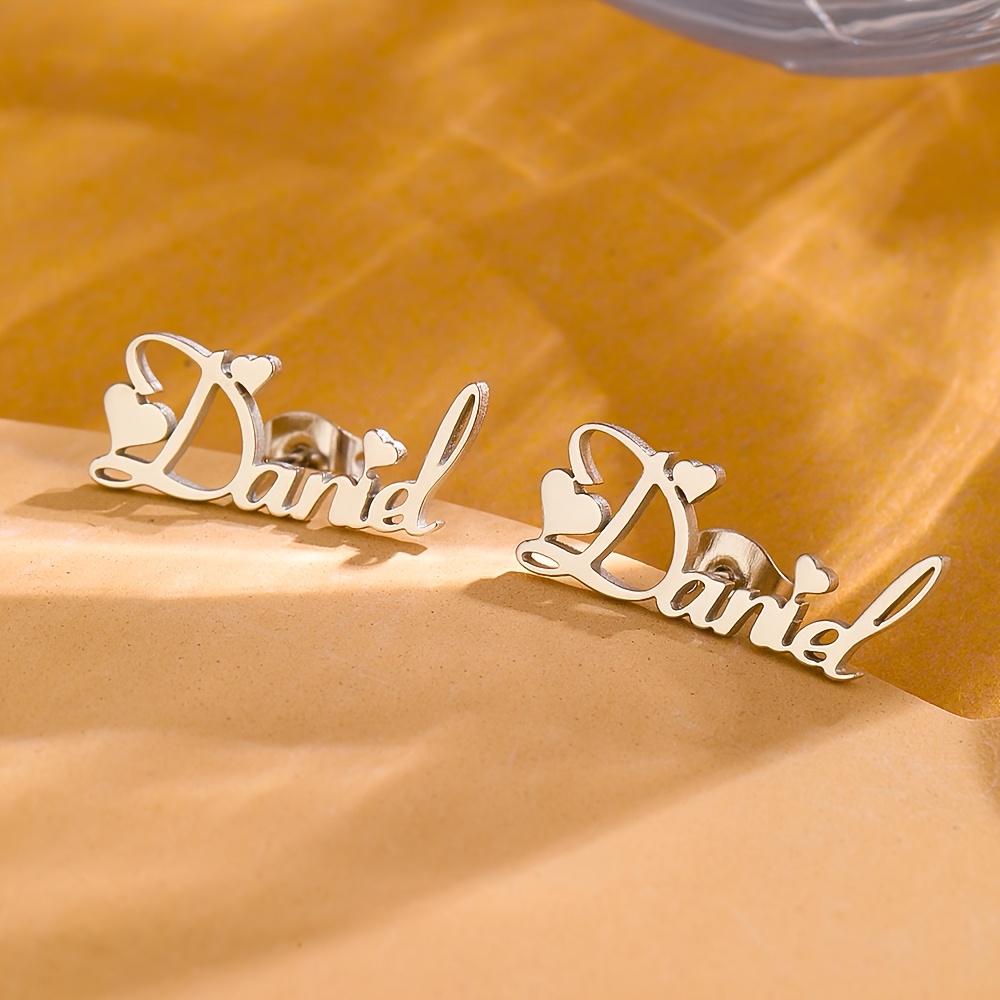 Image of Personalized Name Stud Earrings For Women, Simple Heart Custom 304 Stainless Steel Letter Ear Studs, Waterproof Fashion Jewelry , Ideal For Daily And Party Occasions
