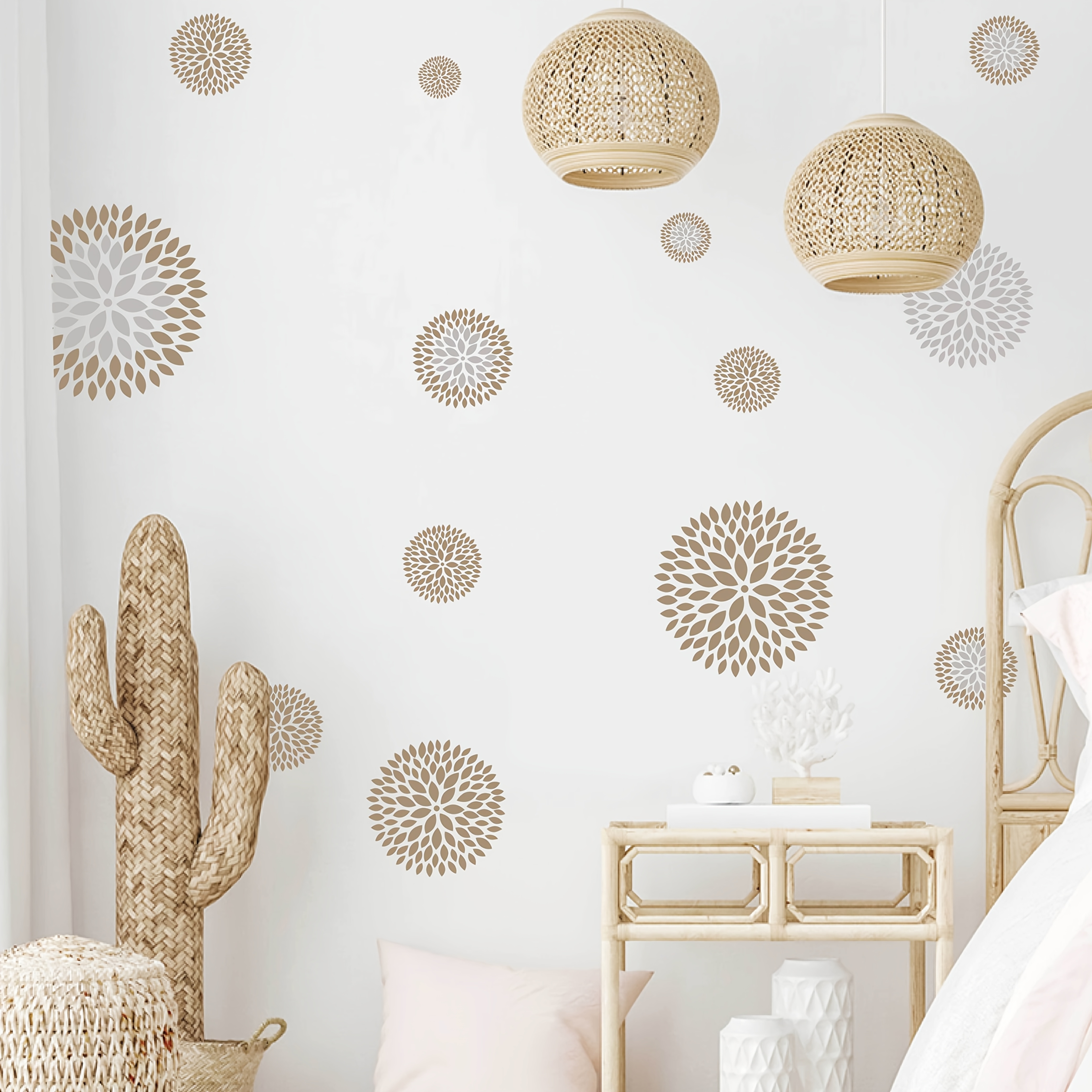 Image of Bohemian Floral Wall Stickers - Self-adhesive Round Flower Decals For Bedroom, Living Room, Or Tv Background Decor, White & Golden Geometric Patterns, & Stick Application, Boho Home Decor