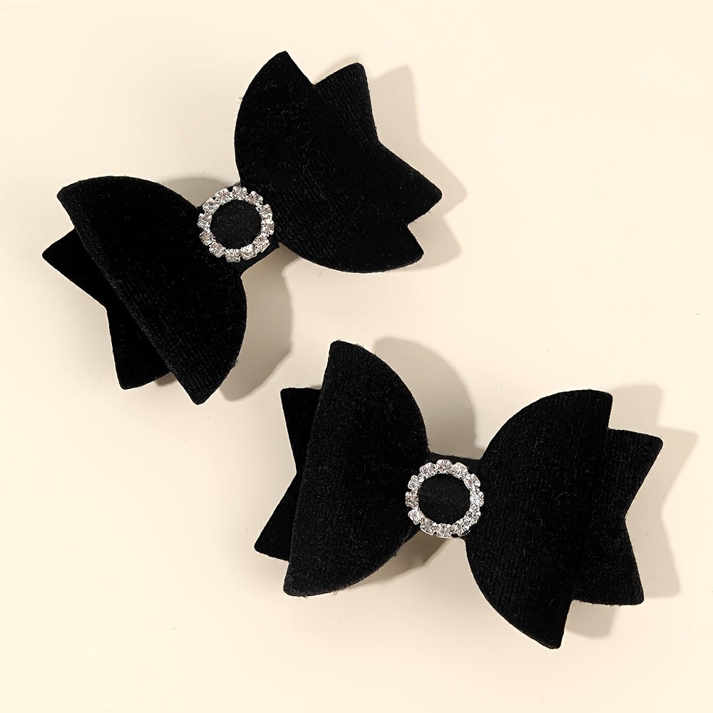 TEMU 2pcs Solid Color Bow Hair Clips With Rhinestones Minimalist Fabric Polyester Barrettes Elegant Hair Accessories For Daily Styling Or Special