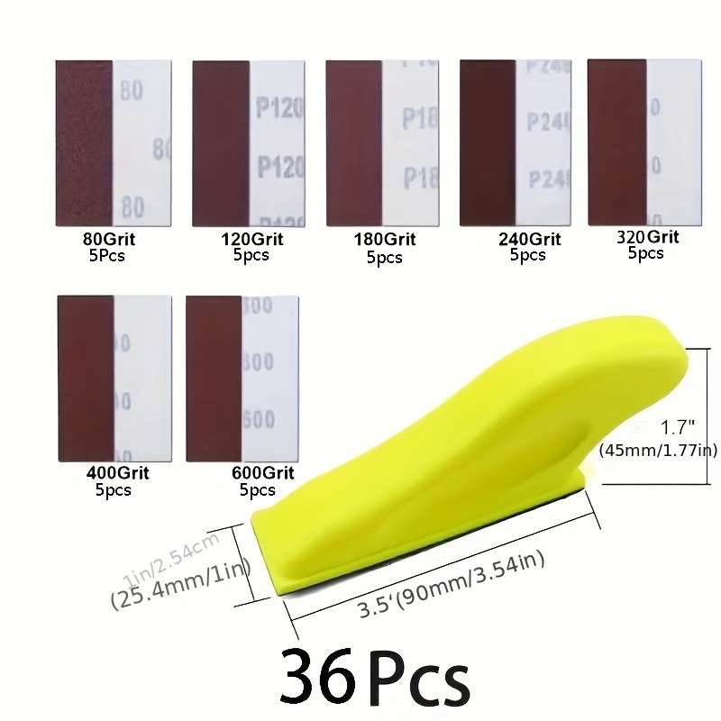TEMU 20/36pcs Mini Sander Set, 8.89cm X 2.54cm Mini Sander, Precision Handle Sanding Tool + 80/120/180/240/320/400/600 Grit Sandpaper, Suitable For