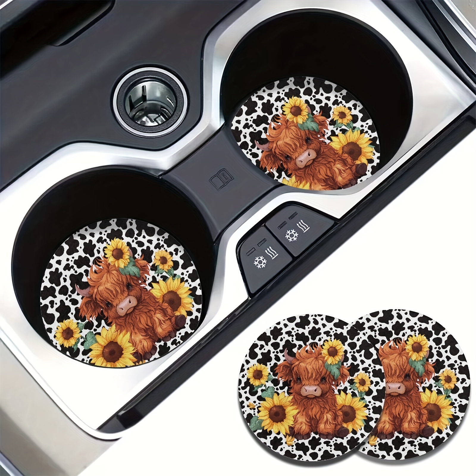 

Highland Cow & Sunflower Print Rubber Car Coasters - Set Of 2, Universal Fit Auto Cup Holder Inserts, Non-slip Vehicle Accessory