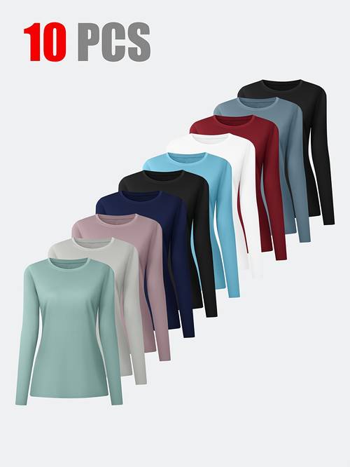 10pcs womens round neck casual breathable quick drying sports long sleeved t shirt tennis basketball and outdoor exercise