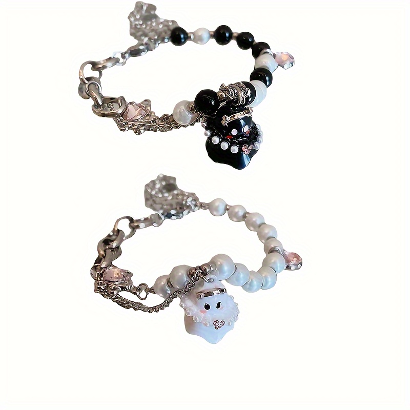 TEMU 2 Pcs Of Black And White Ghost Bracelet Set Bestie Couple Accessories Set Cold Niche High-grade Sweet Cool Spice Girl Bracelet