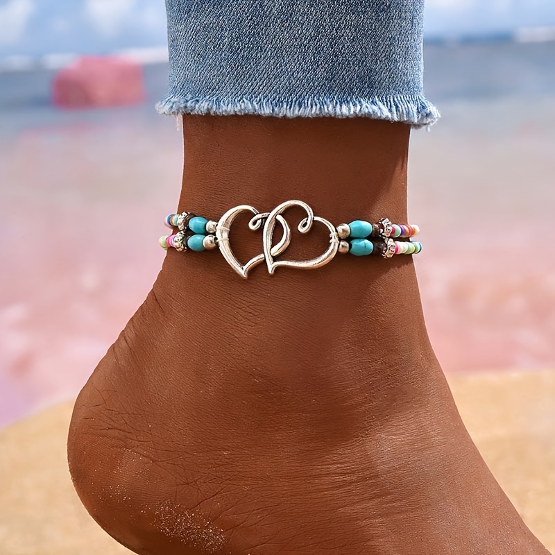 

Double Hollow Heart Bead Ankle Set, Paired With Mini Seed Bead Elegant Bohemian Style Elastic Ankle Bracelet