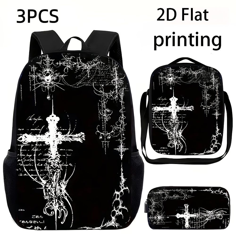 TEMU 3pcs Unisex Large Capacity Backpack Set With 2d Flat Printed Gothic Cross Design, Adjustable Shoulder Straps, And Zipper Closure. The Set