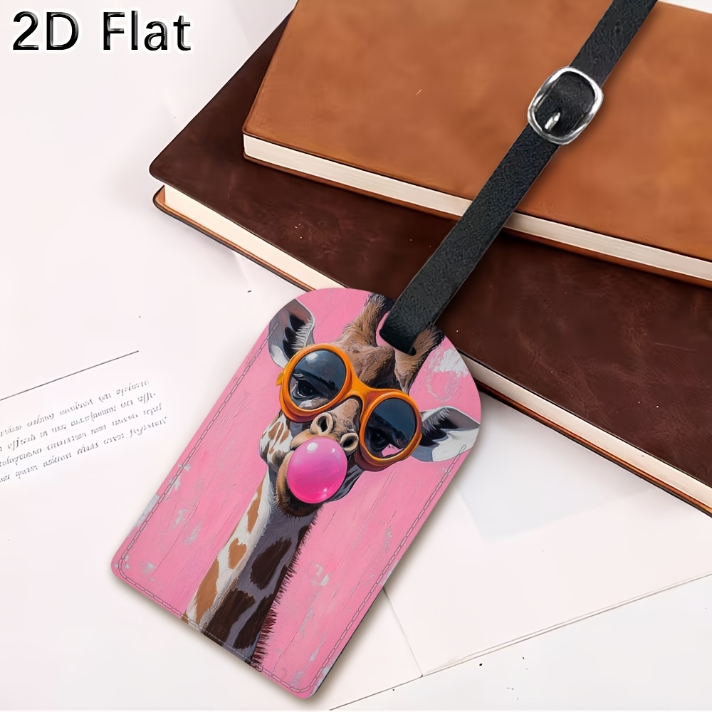 TEMU 1pc [2d Flat Printing] Cute Giraffe Luggage Tag, 2d Flat Travel Baggage Identifier With Sunglasses And Bubble Gum Print, Suitcase Label Bag Tag
