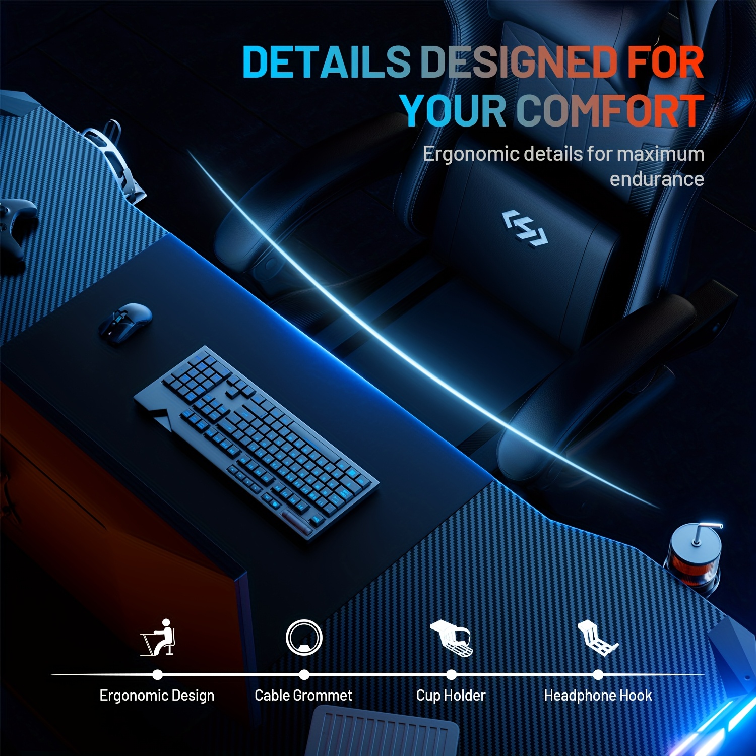 HOME DESK Gaming Desk With LED Lights Carbon Fibre Surface Gaming Table Large Computer Desk Ergonomic Home Office Desks Z Shaped PC Gamer Workstations With Headphone Hook & Cup Holder