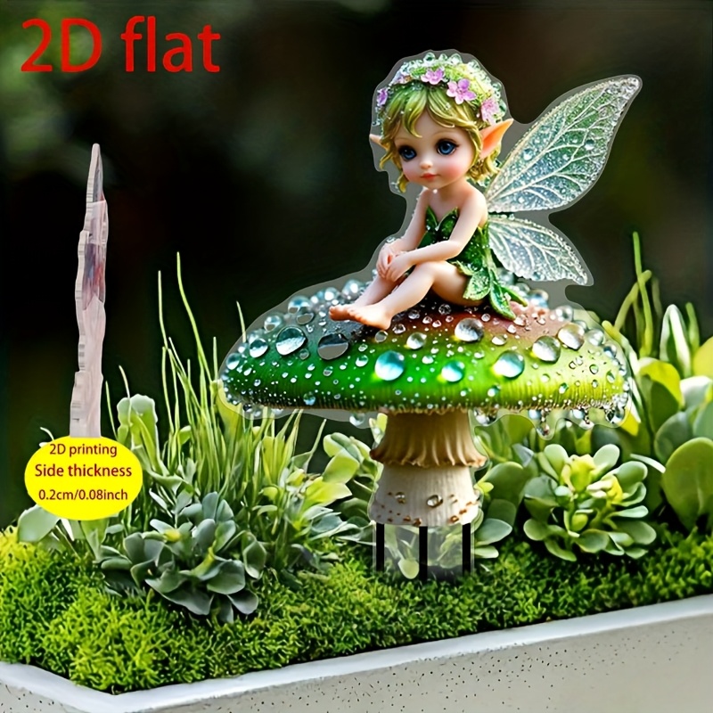 E-shop 2D Flach, 1 Stück Bezaubernde Fee auf Pilz Acryl-Gartenfigur - 7.1"x10.24" Lebendiger 2D-Flachdruck, Wetterfeste Außendekoration für Rasen,