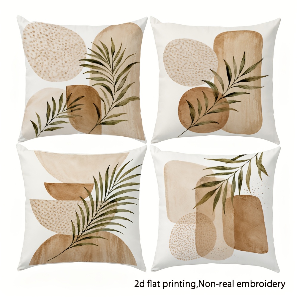 TEMU Lot de 4 taies d'oreiller décoratives - à motif de feuille de palmier marron d'encre, housses de coussin pour canapé de salon à imprimé bohème