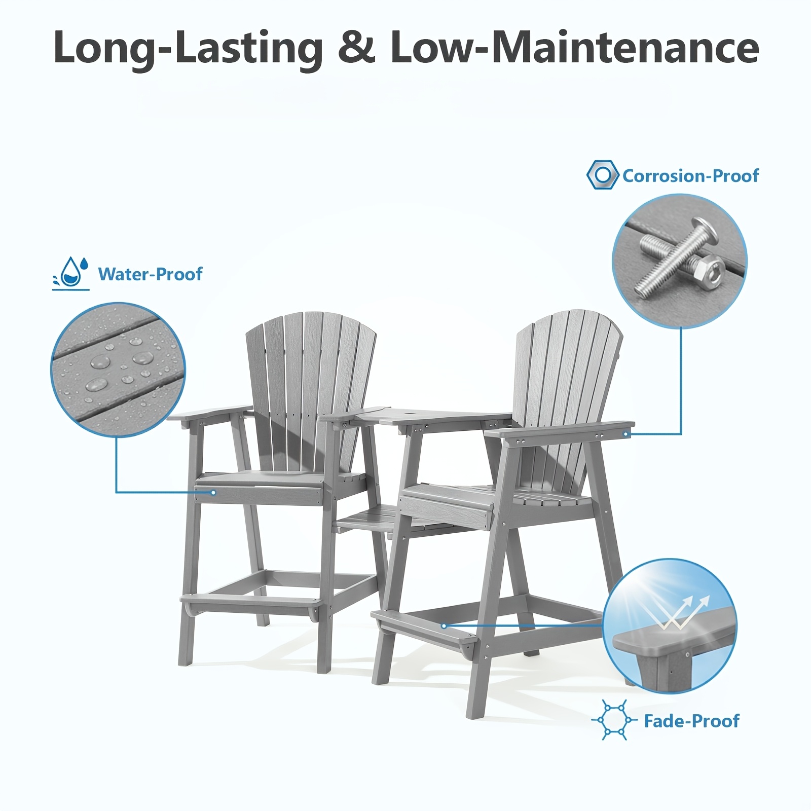 Embossed Balcony Chair, Tall Adirondack Chair Set Of 2 Outdoor Adirondack Barstools with Connecting Tray, High Airondack Chair with Wood Grain, Christmas & Halloween