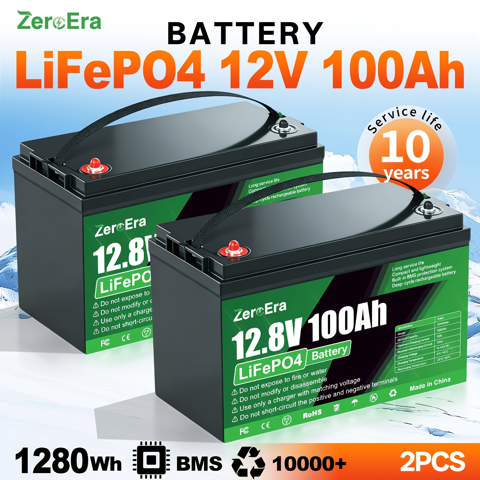 Image of 1/2pcs Zeroera 12v 100ah Lithium Lifepo4 Batteries, 10000+ Cycles, 10 Years , With 100a Bms, Lightweight & Lithium Battery, For Rv, Boat, Off-grid Solar, Ev Traction